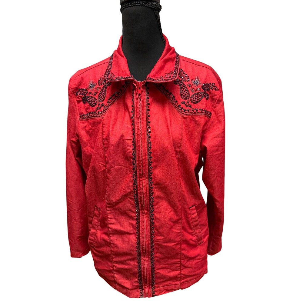 Vintage Victor Costa Occasion Red Embroidered Sequin Zip Up Jacket Western Folk